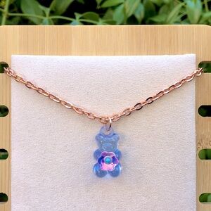 Pastel Blue + Iridescent Pink Flower Gummy Bear Pendant Charm Necklace